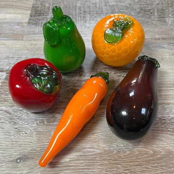 Glass Fruit & Veggie Sculpture Set — Apple Pear Carrot Orange Eggplant Decor - Picture 1 of 16